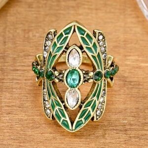 Vintage-Inspired Green Enamel and Crystal Statement Ring sz 8